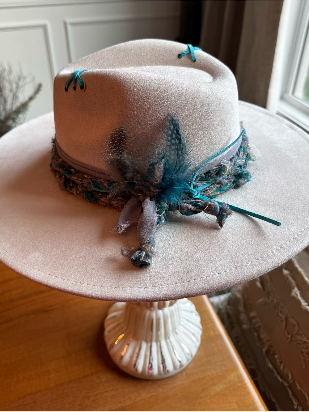 Hand Crafted Cream Vegan Suede Wide Brim Hat with Teal/Gray Accents - Picture 3 of 11